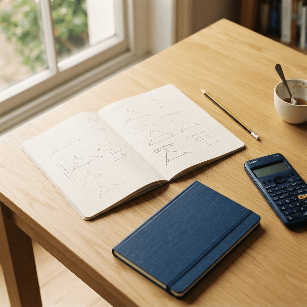 A Maths notebook, calculator and pencil on a calm, sunlit study desk